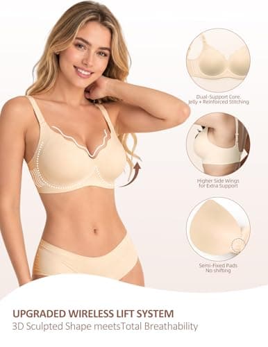 PoseFree Bras for Women Full Support - Push Up, Side Back Smoothing Jelly Bras Scalloped Seamless Wireless Comfort Everyday Tshirt Bralette - Nude L