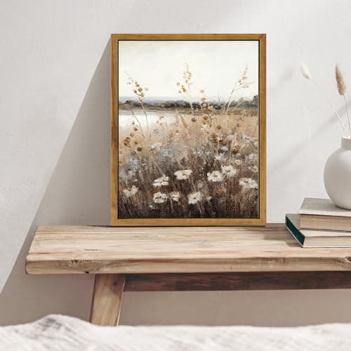 KBKBART Vintage Wall Art Framed, Retro Countryside Autumn Wildflower Field Landscape Canvas Painting Farmhouse Decor Wall Art, Rustic Fall Landscape Bathroom Wall Decor for Bedroom Living Room, — view 3