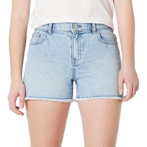 Amazon Essentials Girls' Medium Stretch Mid-Rise Cut-Off Jean Shorts, Iced Blue Light Wash, 14