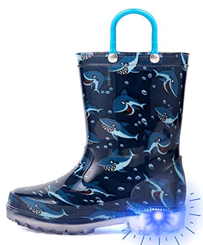 OUTEE Toddler Boys Rain Boots Little Kids Baby Light Up Printed Waterproof Mud Shoes Blue Shark Lightweight Rubber Adorable with Easy-On Handles Non Slip (Size 9,BLue)