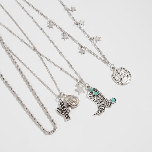 Boho Layered Necklaces for Women Turquoise Necklace Turquoise jewelry for Women Western Necklace Cactus Horseshoes Boots Hats Pendant Necklace Stack Bohemian Jewelry (Style 2 - silver cactus horseshoes boot hat) — view 5
