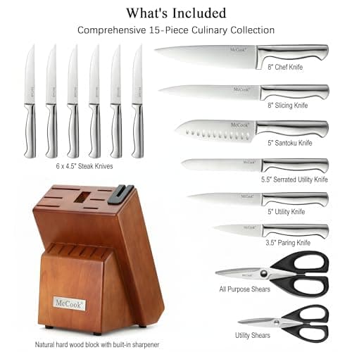 McCook® Knife Sets, German Stainless Steel Kitchen Knife Block Sets with Built-in Sharpener, 15 Piece Chef Knife and More, Razor Sharp, Restaurant Grade, Anti-Rust, Elegant Box for Gift
