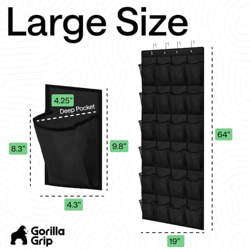 GORILLA GRIP Over the Door Shoe Organizer, 24 Large Breathable Mesh Pockets, Space Saving Hanging Storage Holder, Closet Rack Hanger Holds Up to 40 lbs, Hangs on Closets for Shoes, Accessories, Black — view 6
