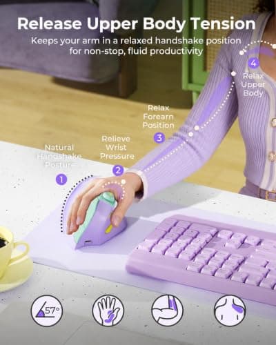 seenda Ergonomic Mouse Wireless, MOU-302 Bluetooth Vertical Mouse Rechargeable, Volume Knob, Silent Mice & 1000/1600/2400 DPI, 3 Multi-Device Connection for Windows/PC/Laptop/Mac/MacBook, Purple — view 2