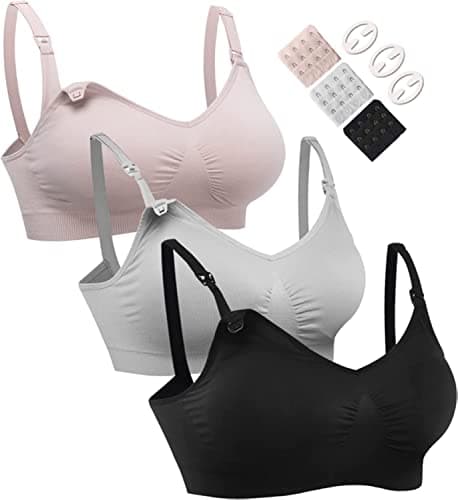 HOFISH Pack of 3 Women's Wirefree Seamless Bras with Additional Bra Extensions and Clips, Black/Grey/Pink Elegant, M