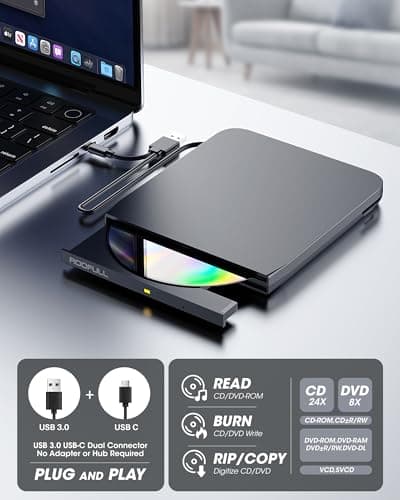 ROOFULL External CD DVD Drive with Ethernet Adapter, USB Hub, SD Slot, Case — view 3
