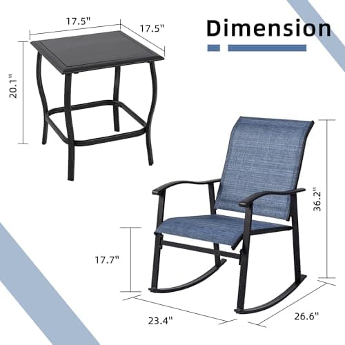 Vongrasig 3 Piece Outdoor Rocking Bistro Set, Textilene Fabric Small Patio Furniture Set, Front Porch Rocker Chairs Conversation Set with Glass Table for Lawn, Garden, Balcony, Poolside (Denim Blue) — view 5