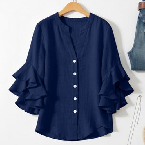 3/4 Ruffle Sleeve Cotton Linen Shirts for Women Dressy V Neck Beach Tunic Tops Elegant Summer Casual Work Blouses Navy — view 6