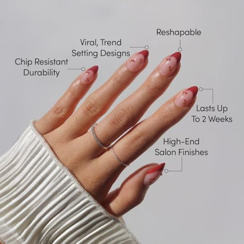 Glamnetic Press On Nails - Cherry Bomb | Short Almond Fake Nails with Glossy Red French Tips & 3D Cherry Accents on Semi-Transparent Base, Salon Quality | 15 Sizes - 30 Nail Kit with Glue — view 2