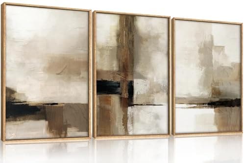 Ausril Large Abstract Neutral Framed Canvas Wall Art Set,Brown Beige Wall Decor,Minimalist Black Wall Painting,Modern Brush Stroke Line Art Print for Living Room,Bedroom,Office- 16"x24"x3