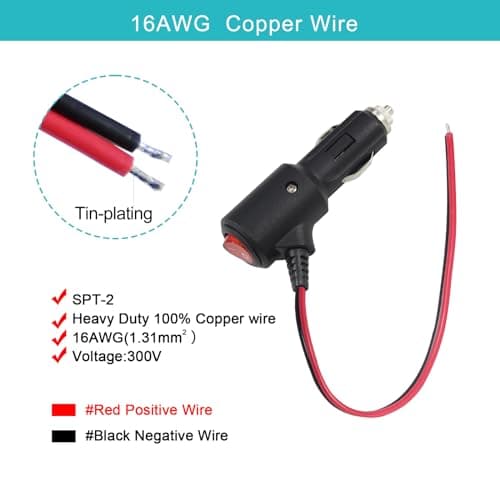 12Volt Replacement Cigarette Lighter Male Plug with On Off Switch - 1FT 12V Fused 15amp Cigarette Male Plug with 16gauge Leads, 12V DC Car Plug Replacement for Car Cooler,Cb Radio, Air Compressor — view 2