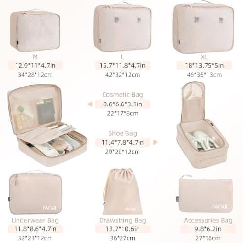 BAGAIL 8 Set Packing Cubes, Lightweight Travel Luggage Organizers with Shoe Bag, Toiletry Bag & Laundry Bag (Cream)