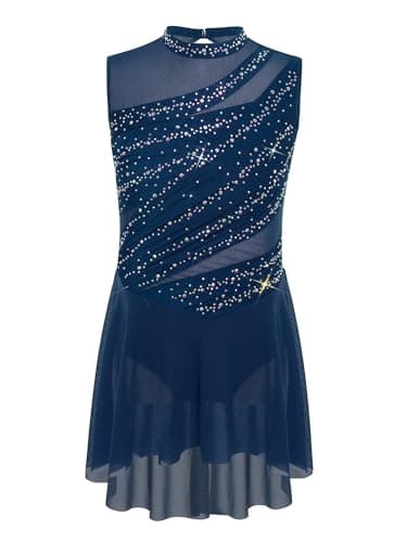 easyforever Kids Girls Shiny Rhinestone Ballet Lyrical Dance Dress Figure Ice Skating Dress Contemporary Dancewear Navy Blue 8 Years — view 4