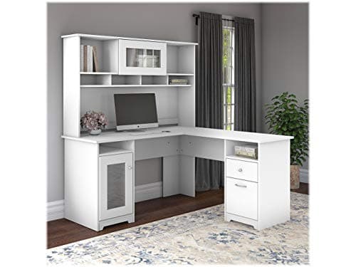Bush Home Cabot 60W L Shaped Computer Desk with Hutch and Storage in White, 60-inch Corner PC Workstation for Home Office