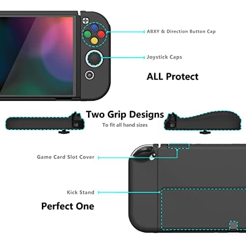 PlayVital AlterGrips Protective Slim Case for Nintendo Switch OLED, Ergonomic Grip Cover for Joycon, Dockable Hard Shell for Switch OLED w/Thumb Grip Caps & Button Caps - Black — view 2