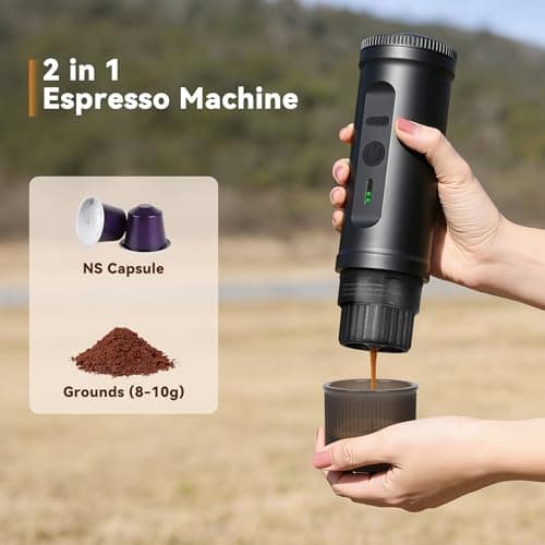 DIVINOCAFFÉ Portable Espresso Machine, 20 Bar Self Heating Travel Coffee Maker, Compatible with NS Capsules & Coffee Powder, Mini Espresso Machine for RV, Hiking, Office, Car, Black