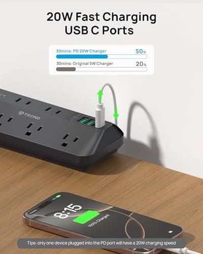 TROND Desk Clamp Power Bar Surge Protector with PD 20W USB C, 6 Outlets Desktop Charging Station, 6ft Flat Plug Extension Cord Indoor, Fit 1.97" Tabletop Edge, ETL Listed, Home Office Supplies, Black