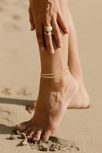 Tewiky 14K Gold Plated Ankle Bracelets for Women, Dainty Layered Waterproof Anklet for Women Adjustable Sparkly Chain Set Stackable Summer Beach Jewelry Gift — view 3
