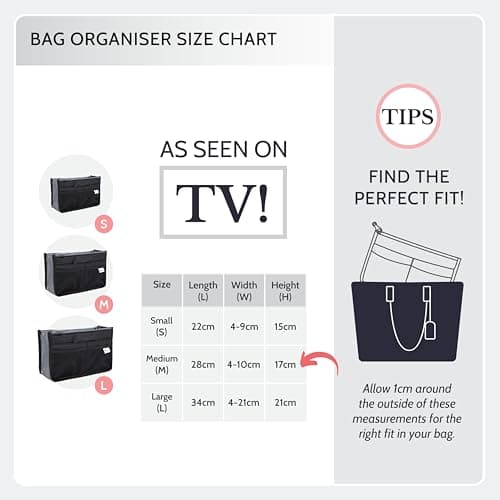 Periea Chelsy Handbag Organizer Insert 13 Pocket Purse Organiser with 2 Zipped Compartments Washable Reinforced Handles Structured Padding S M L (Black, Medium) — view 3