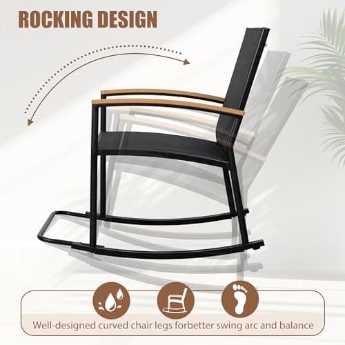 Shintenchi 3 Piece Outdoor Rocking Bistro Set, Textilene Fabric Small Patio Furniture Set, Front Porch Rocker Chairs Conversation Set with Table for Lawn, Garden, Balcony, Poolside (Black) — view 3