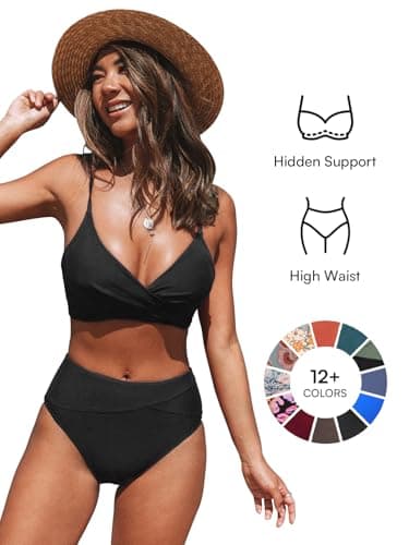 CUPSHE Women's Bikini Sets Two Piece Swimsuit High Waisted V Neck Twist Front Adjustable Spaghetti Straps Bathing Suit, M Black — view 2
