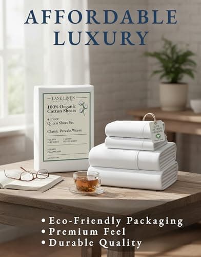 Lane Linen 100% Organic Cotton Queen Sheet Set, 4-Piece Percale Bed Sheets for Queen Bed - Soft, Breathable, Hypoallergenic, Deep Pocket Fits Mattress Up to 15" Deep, Hotel Quality Sheets - White — view 6