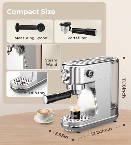 atatix Espresso Machine with Milk Frother, 20 Bar Pressure Espresso Maker, with 44OZ Removable Tank, Compact Stainless Steel Coffee Machine for Home, Office, Latte, Cappuccino, Macchiato, Silver — view 2