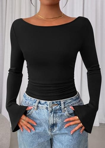 PRETTYGARDEN Women's Long Sleeve Shirt 2026 Fall Crop Going Out Tops Casual Boat Neck Bell Sleeve Ribbed Ruched Y2K Clothes (Black,Medium) — view 7