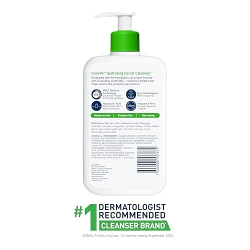 CeraVe Hydrating Facial Cleanser, Moisturizing Face Wash For Dry Skin, Hyaluronic Acid + Ceramides + Glycerin, Hydrating Cleanser For Normal To Dry Skin, National Eczema Association Certified, 16 Oz — view 6