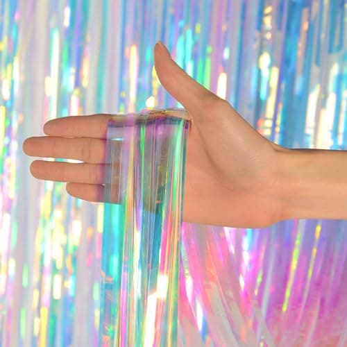 Melsan Iridescent Foil Fringe Backdrops Party Decorations - 2 Pack 3.2 x 6.5 ft Metallic Tinsel Photo Backdrop Curtains for Mermaid Unicorn Birthdays Parties - Iridescent 2 Packs — view 6
