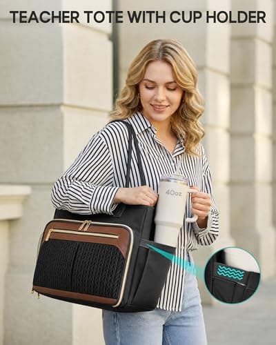 RAINSMORE Teacher Tote Bag for Women, 15.6 Inch Laptop Bag for Women with Insulated Lunch Compartment, Professional Teacher Bags Womens Briefcase for Office, College, Nurse, Black — view 4