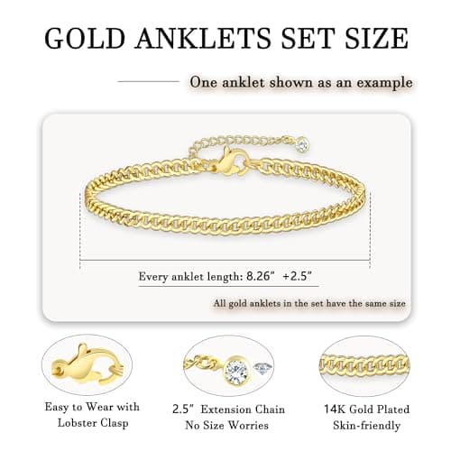 17KM 21PCS Gold Ankle Bracelets for Women, Boho Shell Bead Cuban Link Chain Waterproof Gold Anklets Set, Adjustable Layered Anklets for Women Beach Jewelry Gift — view 3