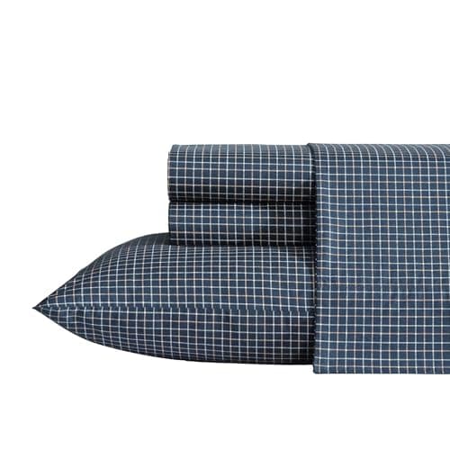 Nautica – Full Size Sheet Set, Crisp Cotton Percale Bedding with Matching Pillowcases, Lightweight & Breathable Bed Sheets, Deep Pocket, College Dorm Room Essentials (Reece Plaid Blue)