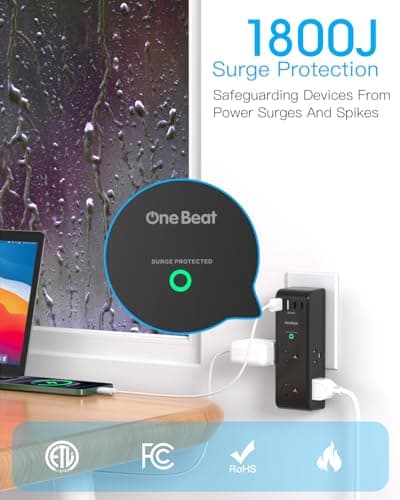 Surge Protector Outlet Extender - with Rotating Plug, 6 AC Multi Plug Outlet with 3 USB Ports (1 USB C), 1800 Joules, 3-Sided Swivel Power Strip with Spaced Outlet Splitter for Dorm, Office, Black — view 4