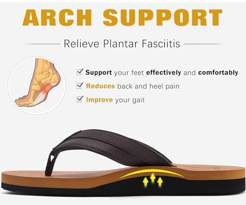 KuaiLu Mens Leather Flip Flops Arch Support Summer Beach Pool Water Thong Sandals Waterproof Essentials Walking Shoes Slip on Orthotic Casual Sport Cushioned Wide Slides Shower Slippers Khaki Size 11 — view 3