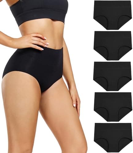 wirarpa Women's Cotton Underwear High Waist Briefs Full Coverage Panties Ladies Comfortable Underpants 5 Pack Black X-Large
