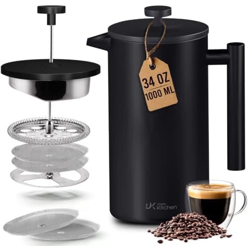 Utopia Kitchen 304 Grade Stainless Steel French Press Coffee Maker 34 Oz, Double Wall Insulated Coffee Press with 4-Level Filtration system, Include 2 Extra Filters, Rust-Free, Black