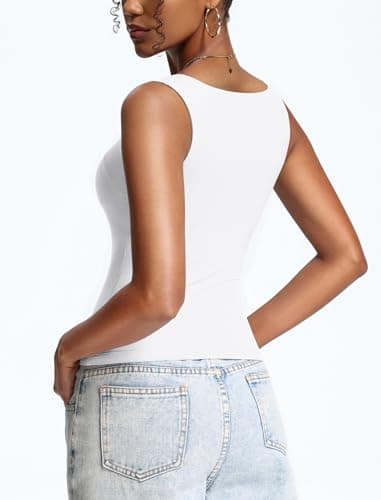 Avidlove Womens Built in Bra Tank Tops Double Lined U Neck Strechy Basic Summer Trendy Going Out Top(White M)