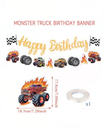 Monster Truck Happy Birthday Banner Racing Truck Party Wall Sign Decor — view 2