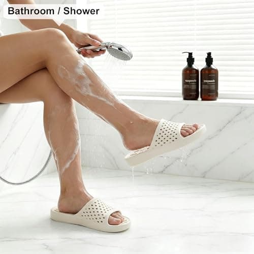 Xomiboe Shower Shoes for Men Women, Non Slip Quick Dry Shower Sandals with Drain Holes, Lightweight EVA Shower Slippers for Gym, College Dorm, Pool, Locker Room White EU37-38