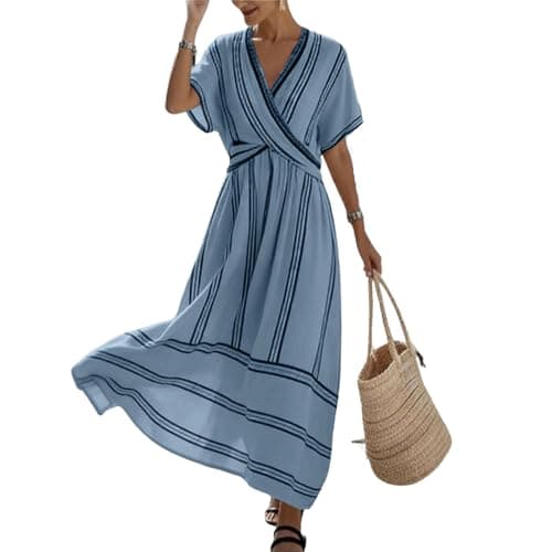 Women's Summer Boho Striped Print Midi Dress Short Sleeve Deep V Neck Criss Cross Empire Waist Flowy Beach Dress Blue-L