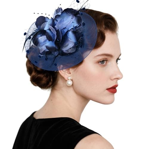 Haakong 20s Fascinators Hat for Women Tea Party Headpiece Mesh Feathers Hair Clip for Bridal Wedding (Dark Blue)