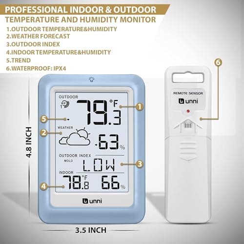 Indoor Outdoor Thermometer Hygrometer Wireless Weather Station, Temperature Humidity Monitor Battery Powered Inside Outside Thermometers with 330ft Range Remote Sensor and Backlight Display（LBLU01） — view 5