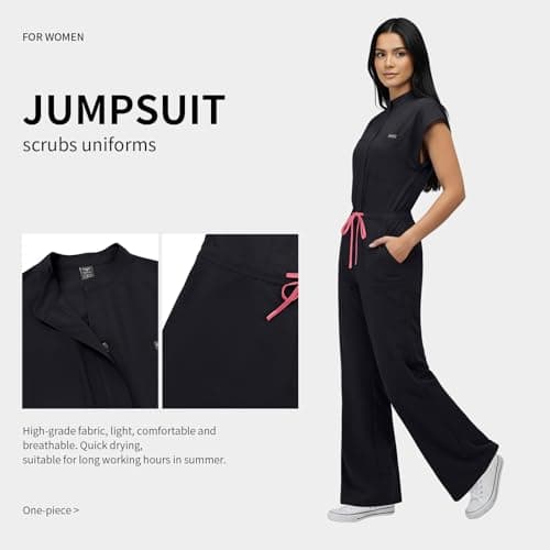 VIAOLI Women's Medical Scrub Jumpsuit - Mandarin Collar, with Drawstring Waist for Nursing Uniforms (S,Black) — view 5