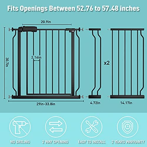 WAOWAO Baby Gate 52.76-57.48inch Extra Wide Pressure Mounted 53 54 56 57 Inches Walk Through Swing Auto Close Safety Black Metal Toddler Kids Child Dog Pet Puppy Cat for Stairs, Doorways, Kitchen — view 5