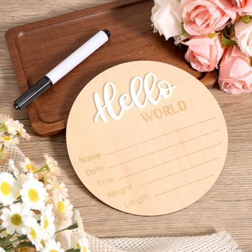 Newborn Announcement Sign with Pen, 5.9in Wooden Hello World Baby Welcome Sign for Newborn Boys and Girls Photo Props Baby Shower Hospital Nursery (White) — view 4