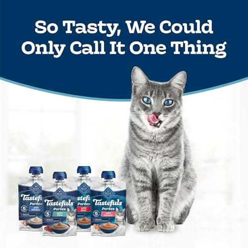 Blue Buffalo Tastefuls Purées Variety Pack Wet Cat Food Complement (Salmon, Chicken, Tuna, Beef) Made with Natural Ingredients, for All Life Stages, 3-oz. Resealable Pouches (12 Count)