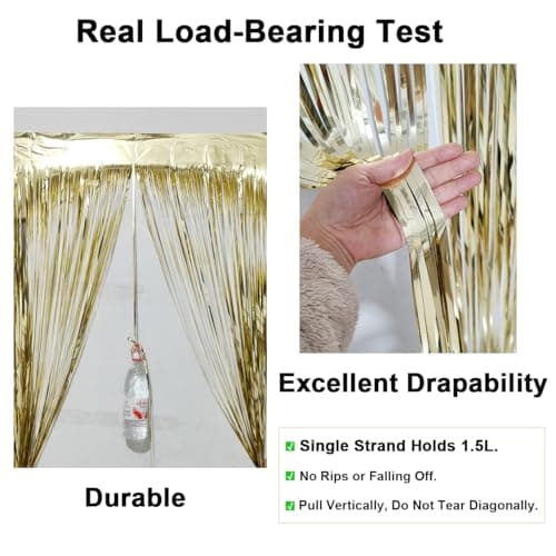 2 Pack Thickened Light Gold Metallic Foil Fringe Curtains Streamer Rip Resistant Shimmer Tinsel Photo Booth Backdrop for Birthday Wedding Christmas Bachelorette Party Decorations 3.28ft x 6.56ft