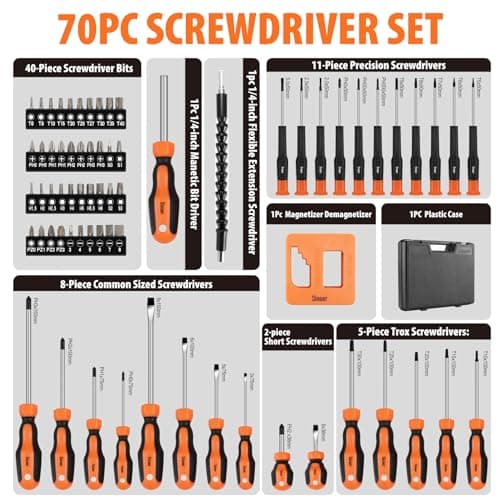 Sinoer Magnetic Screwdrivers Set,Precision Screwdriver Kit, Includes Slotted, Phillips, Torx, Hex, Square, Pozidriv Tools with Case,for Home Improvement & DIY Craft- 70-Piece — view 5