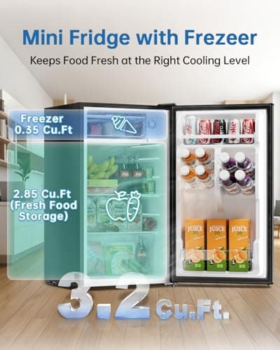 Frostorm 3.2 Cu Ft Mini Fridge with Freezer - Energy Efficient, Large Capacity Single Door Upright Freezer for Bedroom, Office & Dorm | Small Fridge, Reversible Door, ETL Certified(Black) — view 2